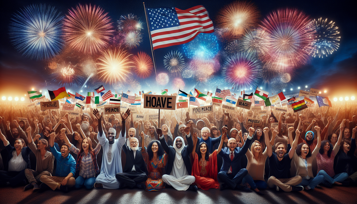 "alt_text": "Crowd celebrates under fireworks, holding signs of peace, unity, and progress."