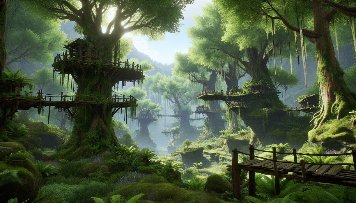 alt_text: Scenic view of Valenwood with lush trees, platforms, and Elder Scrolls 6 atmosphere.