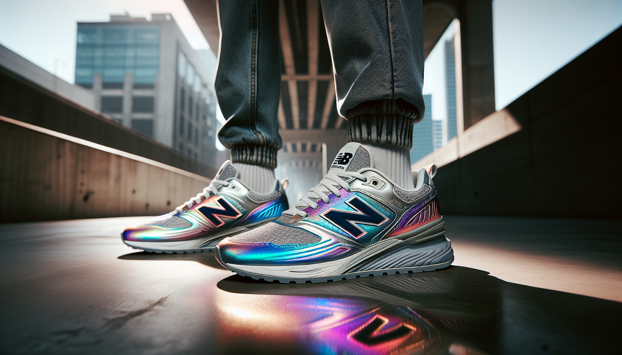 alt_text: New Balance iridescent sneakers shine with futuristic design on sleek urban background.