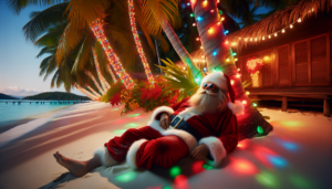 alt_text: Santa relaxes on a tropical island, sunglasses on, surrounded by colorful lights.