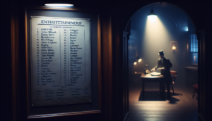 alt_text: A mysterious, dimly-lit room with a list of entertainers pinned to a bulletin board.