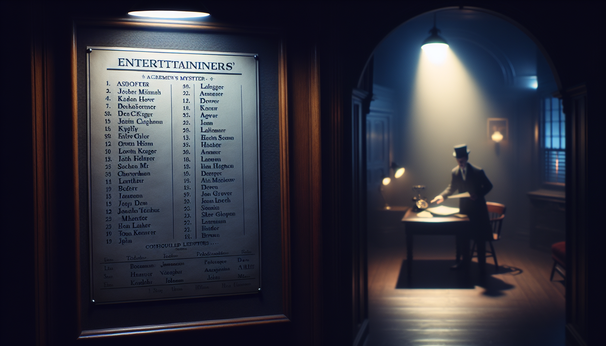 alt_text: A mysterious, dimly-lit room with a list of entertainers pinned to a bulletin board.