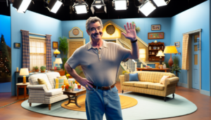 alt_text: A man resembling Pat Finn waves goodbye on a sitcom set, surrounded by props and studio lights.