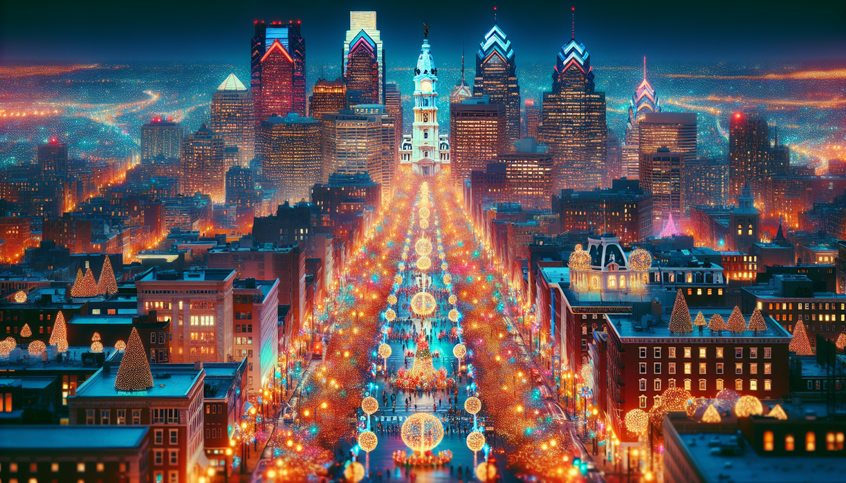 alt_text: Philadelphia cityscape glowing with festive lights and decorations after Christmas.