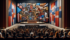 alt_text: A theater stage with political symbols and audience, blending politics and the arts through performance.