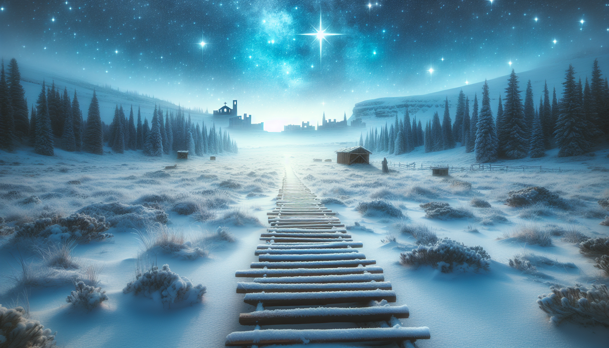 alt_text: Snowy landscape with wooden path, leading to a starlit sky over Bethlehem. A spiritual journey.