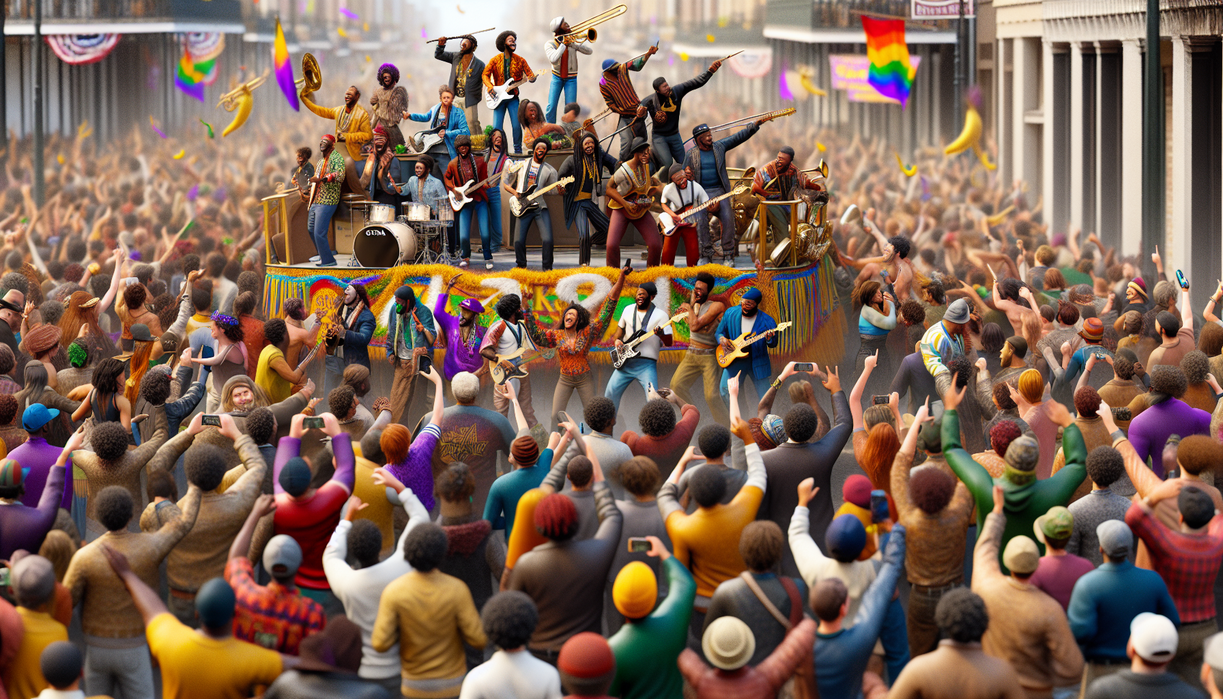 alt_text: People celebrating on a vibrant Louisiana parade float with lively decorations and music.