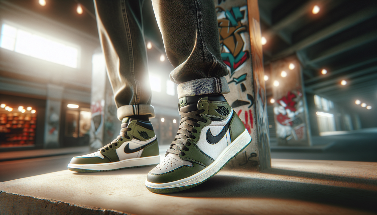 alt_text: Medium Olive Air Jordan 1 Lows with sleek design and redefined sneaker style.