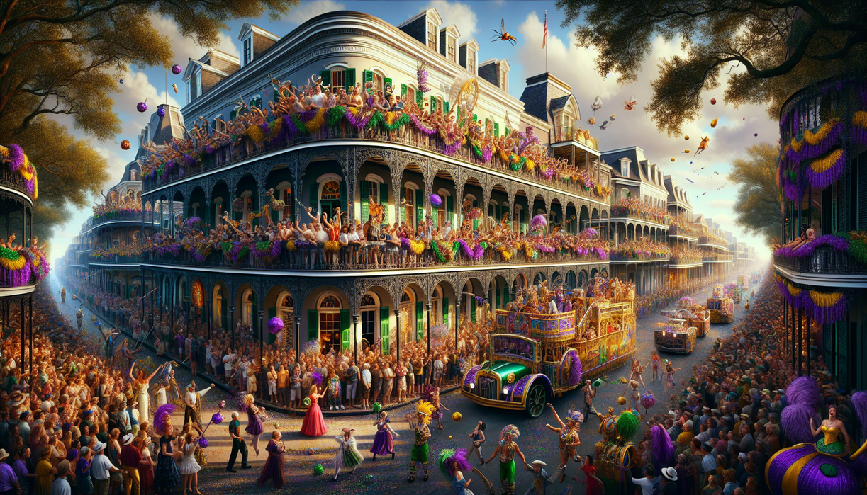alt_text: People celebrating Mardi Gras in vibrant costumes and masks, surrounded by colorful floats.
