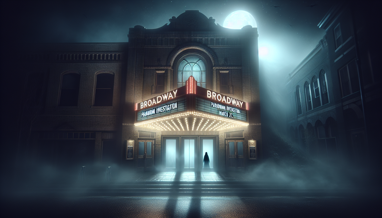 alt_text: Mysterious lights cast eerie shadows on a vintage theater stage, suggesting paranormal activity.