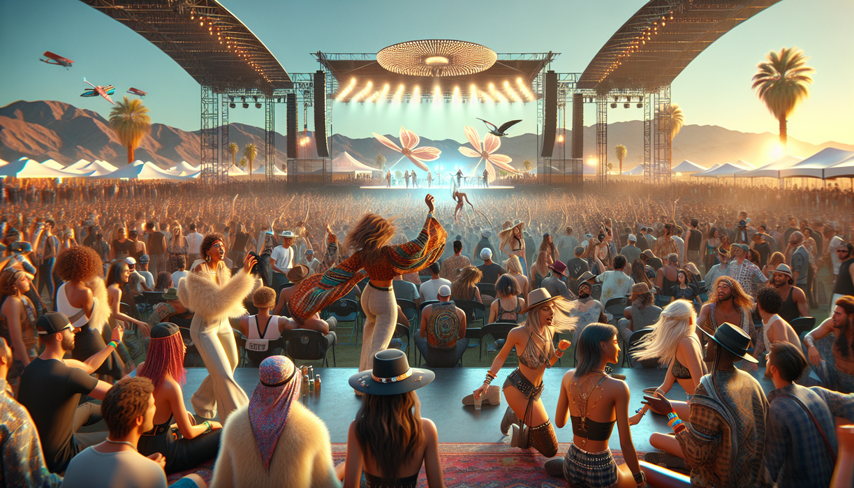 alt_text: Festivalgoers in futuristic, floral-themed outfits dance under a vibrant, illuminated canopy.