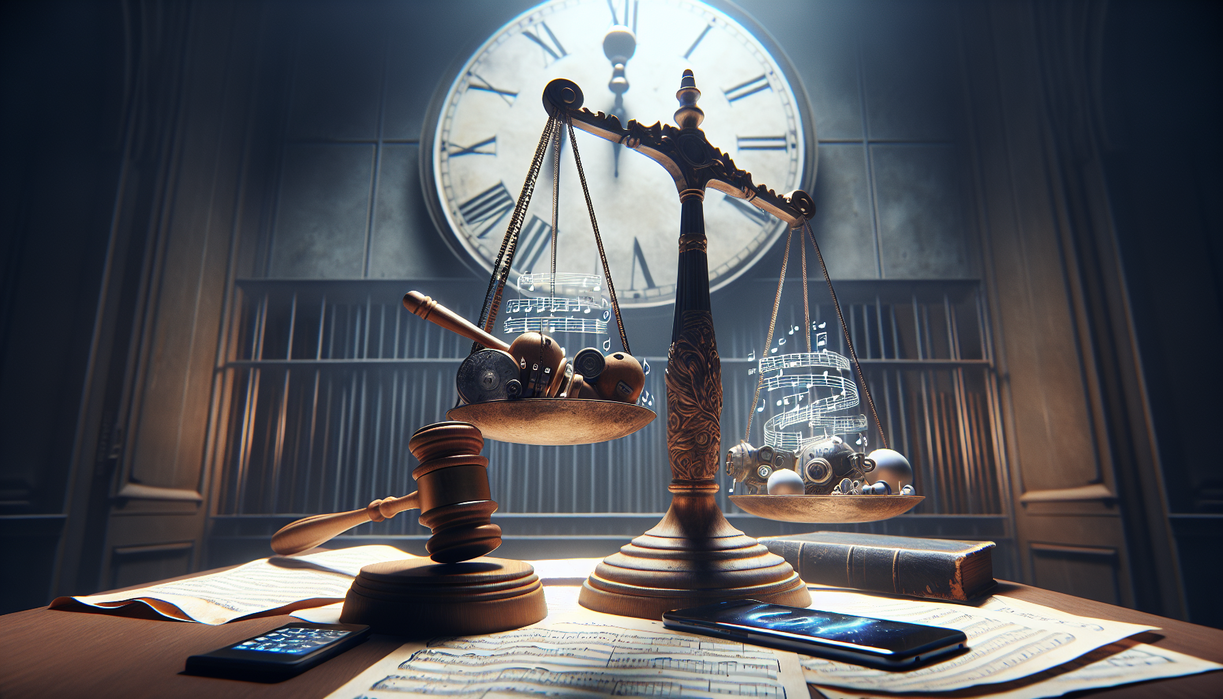 alt_text: The image depicts lawsuit documents and musical notes emerging from a context-related news headline.