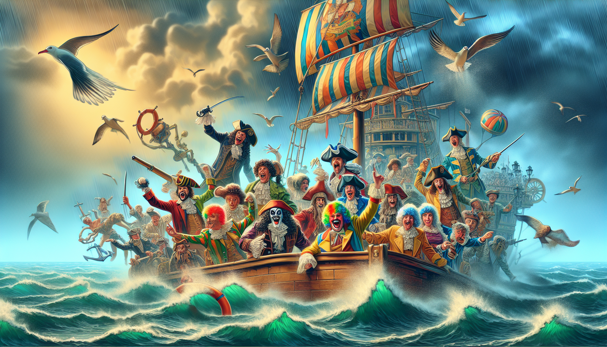 alt_text: A whimsical ship cartoon in turbulent seas with exaggerated expressions of fear and laughter.