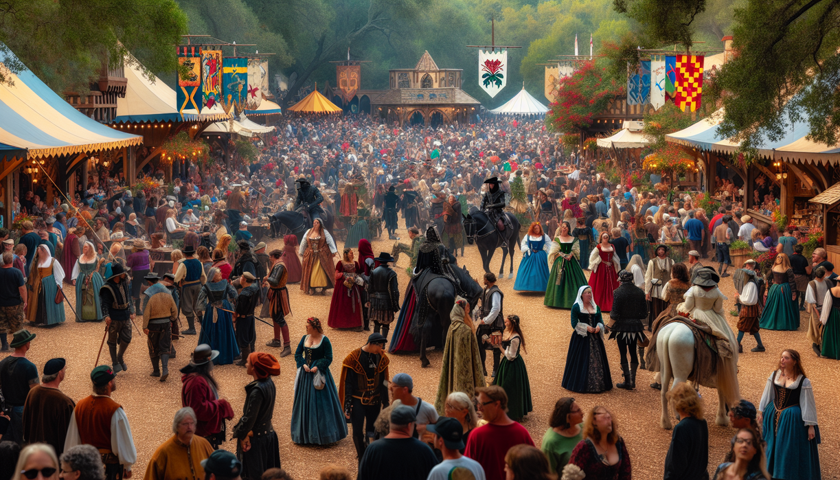 alt_text: Enchanted scene at Richmond Renaissance Faire with performers in medieval costumes and banners.