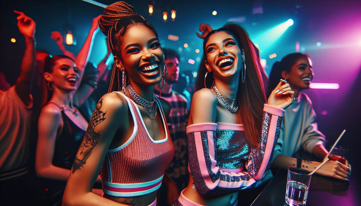 alt_text: A crowded nightclub with vibrant lights, celebrities mingling, and a tense atmosphere in the air.